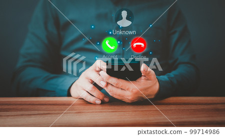 Man answering to incoming call. Phone call from unknown number. Call center gang, scammer or stranger. Hoax person with fake identity. Scam, fraud or phishing with mobile phone or smartphone concept. Man answering to incoming call. Phone call from unknown number. Call center gang, scammer or stranger. Hoax person with fake identity. Scam, fraud or phishing with mobile phone or smartphone concept. 99714986
