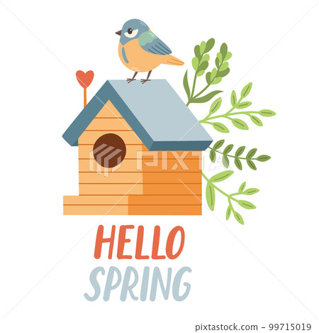 Spring birdhouse. Spring mood greeting card template. Welcome spring season invitation. Minimalist postcard birdhouse. Spring birdhouse. Spring mood greeting card template. Welcome spring season invitation. Minimalist postcard birdhouse. 99715019
