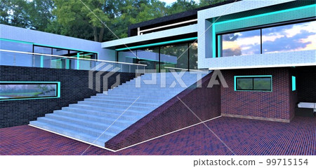 Climb of the wide concrete stairs to the terrace fenced with glass panels. Combined brick tile facade finishing. Large tree in on the background. 3d rendering. 99715154