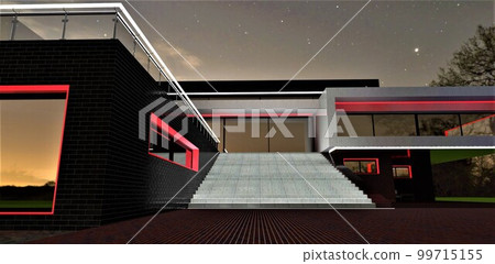 Front view of the concrete staircase illuminated in white at night. Black brick tile walls finishing. Big mirrored windows reflection starry sky. 3d rendering. 99715155
