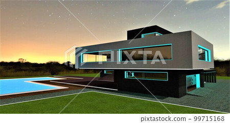 Excellent twilight view of the contemporary country house built according to the individual design. Elegant illumination of the facade elements. 3d rendering. 99715168