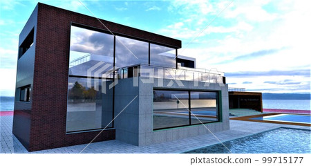 Stunning design of the contemporary house constructed on the island not far from Oslo. The swimming pool with warm water and much space for fishing. 3d rendering. Stunning design of the contemporary house constructed on the island not far from Oslo. The swimming pool with warm water and much space for fishing. 3d rendering. 99715177