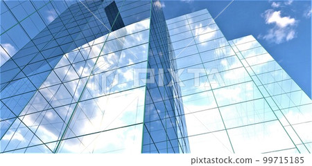Design of the upscale business center. Bottom view of the glass facade. Reflection of the cloudy day environment. 3d rendering. 99715185