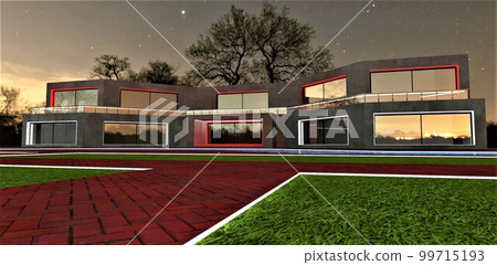 Red brick paved walkway with white luminous curb on the grass at night on the territory of the upscale country house with large illuminated windows and concrete facade. 3d rendering. 99715193