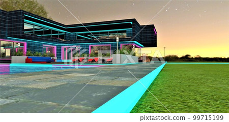 Large lawn limited by white luminous border of the granite walkway on the territory of the private eco-friendly dwelling with illuminated windows frames as a night decoration. 3d rendering. 99715199