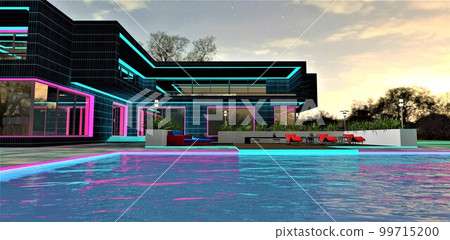 Barely noticeable waves on the surface of the pool, reflecting the neon illumination of the facade of a chic modern mansion built according to an individual project. 3d rendering. 99715200