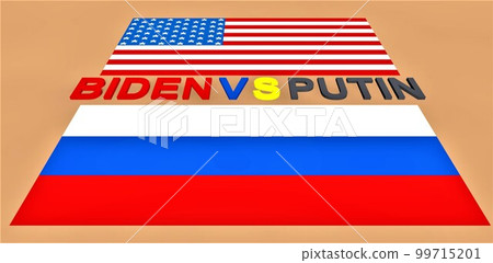 Biden vs putin. Inscription between flags of USA and Russia as a symbol of the war on the territory of Ukraine. 3d rendering. Biden vs putin. Inscription between flags of USA and Russia as a symbol of the war on the territory of Ukraine. 3d rendering. 99715201