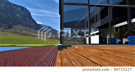 Wooden steps of the porch. Amazing glass facade in front of the picturesque mountains landscape. Red brick tile pavement. 3d rendering. Wooden steps of the porch. Amazing glass facade in front of the picturesque mountains landscape. Red brick tile pavement. 3d rendering. 99715227