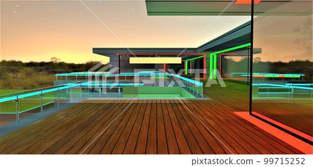 Design of the glowing facade elements for illumination of the contemporary mansion with fenced wooden terrace. 3d rendering. 99715252
