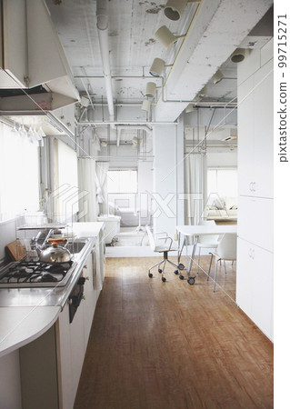A spacious one-room space with no partitions with a white base View of the bathroom and bedroom from the kitchen 99715271
