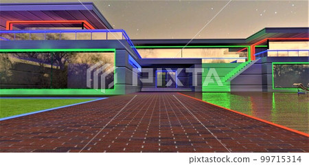 Paved walkway to the entrance of the amazing country house. Night illumination of the facade reflected on the decking. 3d rendering. Paved walkway to the entrance of the amazing country house. Night illumination of the facade reflected on the decking. 3d rendering. 99715314