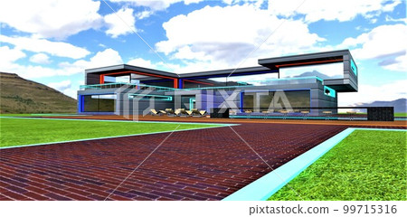 The masterpiece of the modern architectural art. Contemporary design of the suburban estate with multicolor illumination. Brick walkway with glowing curb on the lawn. 3d rendering. 99715316