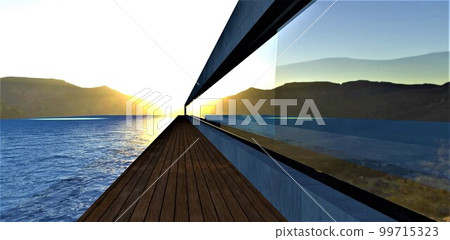 Distant sunrise between mountains in the lake reflected in long mirrored window of the abstract concrete building with wooden blind area. 3d rendering. 99715323
