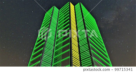 Green illumination of the awesome office building. Yellow glowing inserts. Bottom view against the starry sky. 3d rendering. Green illumination of the awesome office building. Yellow glowing inserts. Bottom view against the starry sky. 3d rendering. 99715341