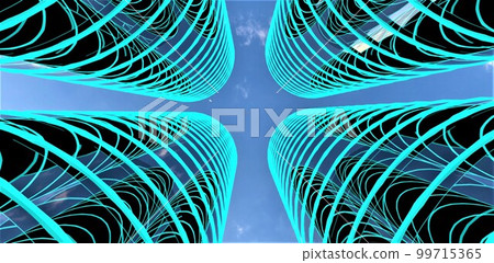 Bottom view of four upscale apartment towers with round facade finished with glass illuminated in turquoise against the blue sky. 3d rendering. Bottom view of four upscale apartment towers with round facade finished with glass illuminated in turquoise against the blue sky. 3d rendering. 99715365