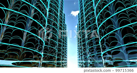 Bright summer sun shines between the contemporary apartment buildings with glass mirrored rounded facade. Attractive advertisement banner for real estate investment. 3d rendering. 99715366