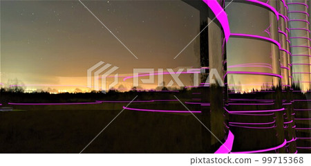 Glass rounded facade of the modern office skyscraper reflecting the glowing buildings of the night city. 3d rendering. 99715368