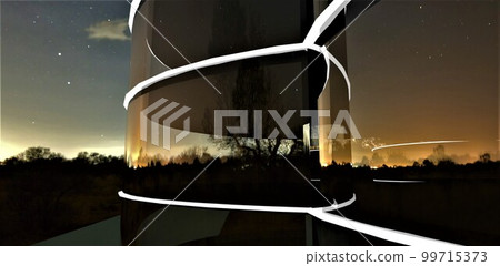 Reflection of the amazing distant town night lights in the illuminated round glass facade of the contemporary apartment building. 3d rendering. 99715373