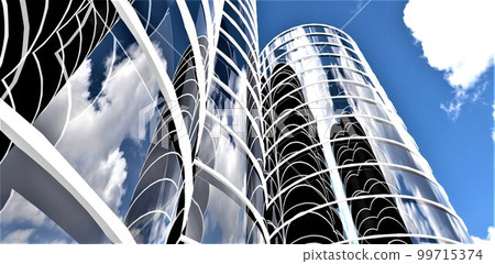 Shiny facade reflecting the amazing summer day. Look from below on the upscale office with rounded glass exterior against the blue sky. 3d rendering. Shiny facade reflecting the amazing summer day. Look from below on the upscale office with rounded glass exterior against the blue sky. 3d rendering. 99715374