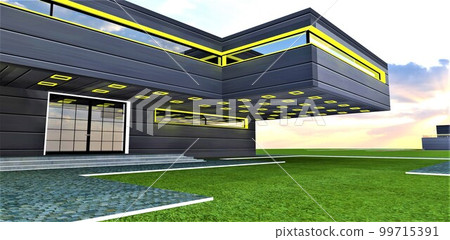 Square LED lamps as an evening illumination on the bottom of console second floor above the entrance to the private country estate constructed on the flat meadow. 3d rendering. Square LED lamps as an evening illumination on the bottom of console second floor above the entrance to the private country estate constructed on the flat meadow. 3d rendering. 99715391