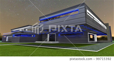 Straight lines of the white glowing borders on te lawn in front of the exclusive upscale suburban mansion with illuminated facade at night. View of the porch with luminous steps. 3d rendering. Straight lines of the white glowing borders on te lawn in front of the exclusive upscale suburban mansion with illuminated facade at night. View of the porch with luminous steps. 3d rendering. 99715392