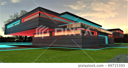 Turquoise and red illumination of the backyard facade of the modern high-tech mansion at night time. View of the garage and fenced terrace. Freshly cut well-groomed lawn. 3d rendering. Turquoise and red illumination of the backyard facade of the modern high-tech mansion at night time. View of the garage and fenced terrace. Freshly cut well-groomed lawn. 3d rendering. 99715393