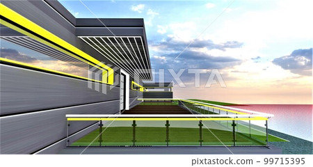 View from the contemporary fenced balcony to the amazing sunrise behind the clouds above calm suburban lake with the red water surface. 3d rendering. 99715395