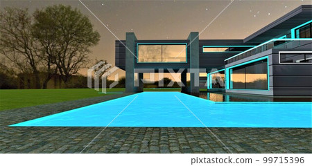 Architecture composition near the glowing turquoise pool at starry night. Gray granite pavement on the law with old tree on the background. 3d rendering. 99715396