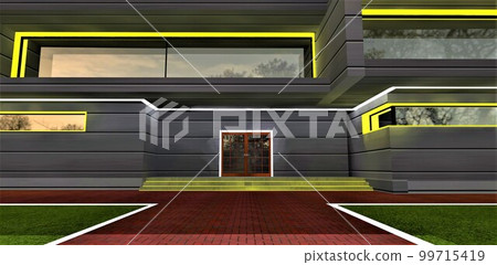 Entrance to an apartment building with aluminum facade. Decorative glowing window frames looks attractive at night time. Red tile pavement on the grass in front of the porch. 3d rendering. 99715419