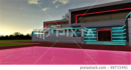 Swimming pool illuminated in purple at night in front of the glowing entry to the house. Turquoise luminous parallel stripes on the porch wall. 3d rendering. Swimming pool illuminated in purple at night in front of the glowing entry to the house. Turquoise luminous parallel stripes on the porch wall. 3d rendering. 99715491