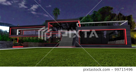 Amazing tropical villa with illuminated exterior at night. Glowing white steps of the staircase. Freshly cut lawn in front of the panoramic windows. 3d rendering. 99715496