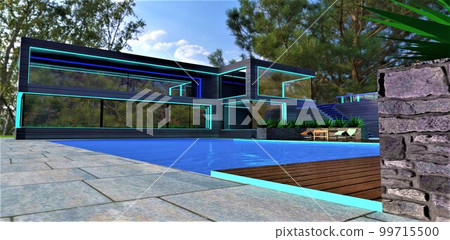 Design of the cozy house yard with pool in a pine forest. Square massive stone slabs as a pavement. Huge mirrored panoramic windows illuminated in turquoise. 3d rendering. 99715500