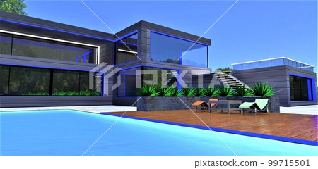 Elegant futuristic villa with blue day facade illumination. Two sun loungers with table on the deck near the pool. Stunning blue sky on the background. 3d rendering. 99715501