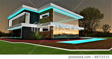 Cozy compact cottage with stylish glowing pool. Amazing turquoise illumination of the glass facade looks nice against the night starry sky. 3d rendering. 99715515