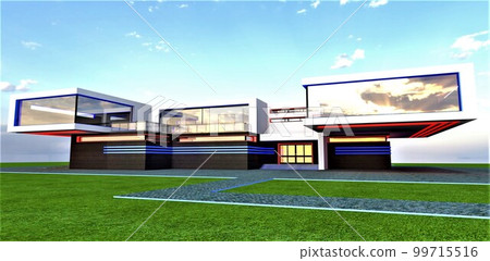 Design of the modern upscale estate managed by a young team of brave architects constructed several complicated houses. 3d rendering. 99715516