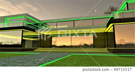Entrance to a contemporary low-rise suburban building at night. Glass entry door of the illuminated porch. Green glowing border of the granite paved walkway. 3d rendering. 99715517