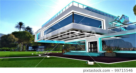 Exclusive design of the contemporary mansion for rich people. The real estate located on the private tropical island. Stunning day exterior illumination. 3d rendering. Exclusive design of the contemporary mansion for rich people. The real estate located on the private tropical island. Stunning day exterior illumination. 3d rendering. 99715546