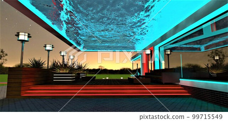 Illuminated glass transparent bottom pool at night above the cozy lounge patio with red glowing steps and white luminous street lights. 3d rendering. 99715549