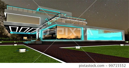 Night view of the advanced upscale home with swimming pool inside. Translucent water visible behind the glass. Illuminated facade and territory. 3d rendering. 99715552