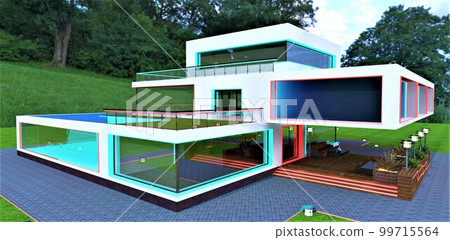 Futuristic country spa mansion constructed in a forest on the green lawn. Two swimming pools inside the building. 3d rendering. Futuristic country spa mansion constructed in a forest on the green lawn. Two swimming pools inside the building. 3d rendering. 99715564