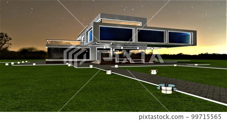 Luxury futuristic villa with swimming pool inside the cantilevered floor. Contemporary architecture shape. Well-groomed lawn with walkways illuminated with low night lights. 3d rendering. Luxury futuristic villa with swimming pool inside the cantilevered floor. Contemporary architecture shape. Well-groomed lawn with walkways illuminated with low night lights. 3d rendering. 99715565