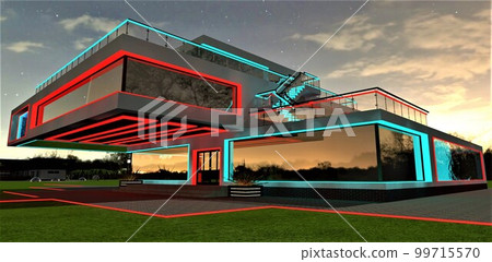 Red turquoise illumination of the contemporary private estate at starry night. Console floor above the porch. Glass facade and swimming pool inside the house. 3d rendering. Red turquoise illumination of the contemporary private estate at starry night. Console floor above the porch. Glass facade and swimming pool inside the house. 3d rendering. 99715570