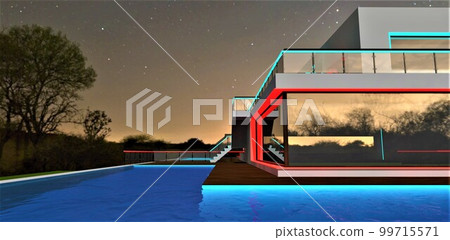 Rooftop swimming pool at night under the starry sky, Illuminated window frames of the mansion with glowing terrace fence rails. 3d rendering. Rooftop swimming pool at night under the starry sky, Illuminated window frames of the mansion with glowing terrace fence rails. 3d rendering. 99715571