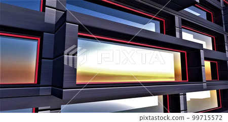 The elite contemporary apartment window reflecting stunning sunrise. Red frame as decor of the building exterior. 3d rendering. The elite contemporary apartment window reflecting stunning sunrise. Red frame as decor of the building exterior. 3d rendering. 99715572