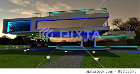 Upscale design of the night futuristic mansion illumination. The water of the pool visible through the window of the second floor. Stylish walkway between lawn lamps. 3d rendering. Upscale design of the night futuristic mansion illumination. The water of the pool visible through the window of the second floor. Stylish walkway between lawn lamps. 3d rendering. 99715573