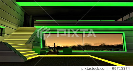 Abstract relax zone illuminated in green and yellow. Staircase with glowing steps up to the dark balcony. Reflection of the village night lights in large window. 3d rendering. Abstract relax zone illuminated in green and yellow. Staircase with glowing steps up to the dark balcony. Reflection of the village night lights in large window. 3d rendering. 99715574