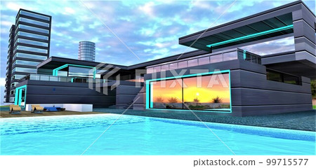 Elite villa with swimming pool constructed in densely built-up area. Reflection of the dusk in large mirrored window. 3d rendering. Elite villa with swimming pool constructed in densely built-up area. Reflection of the dusk in large mirrored window. 3d rendering. 99715577