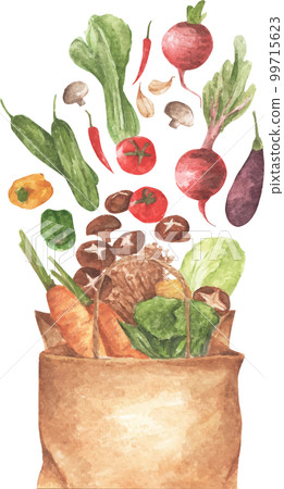 Full paper bag of different vegetables. Watercolor illustration. 99715623