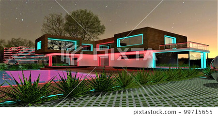 Amazing red light in the yard of the private suburban house at night. Glowing surface of the swimming pool in front of the entrance. 3d rendering. 99715655