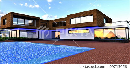 Exclusive design of the upscale cozy country dwelling with swimming pool. Red brick tile pavement around. Wooden facade of the second floor. 3d rendering. 99715658